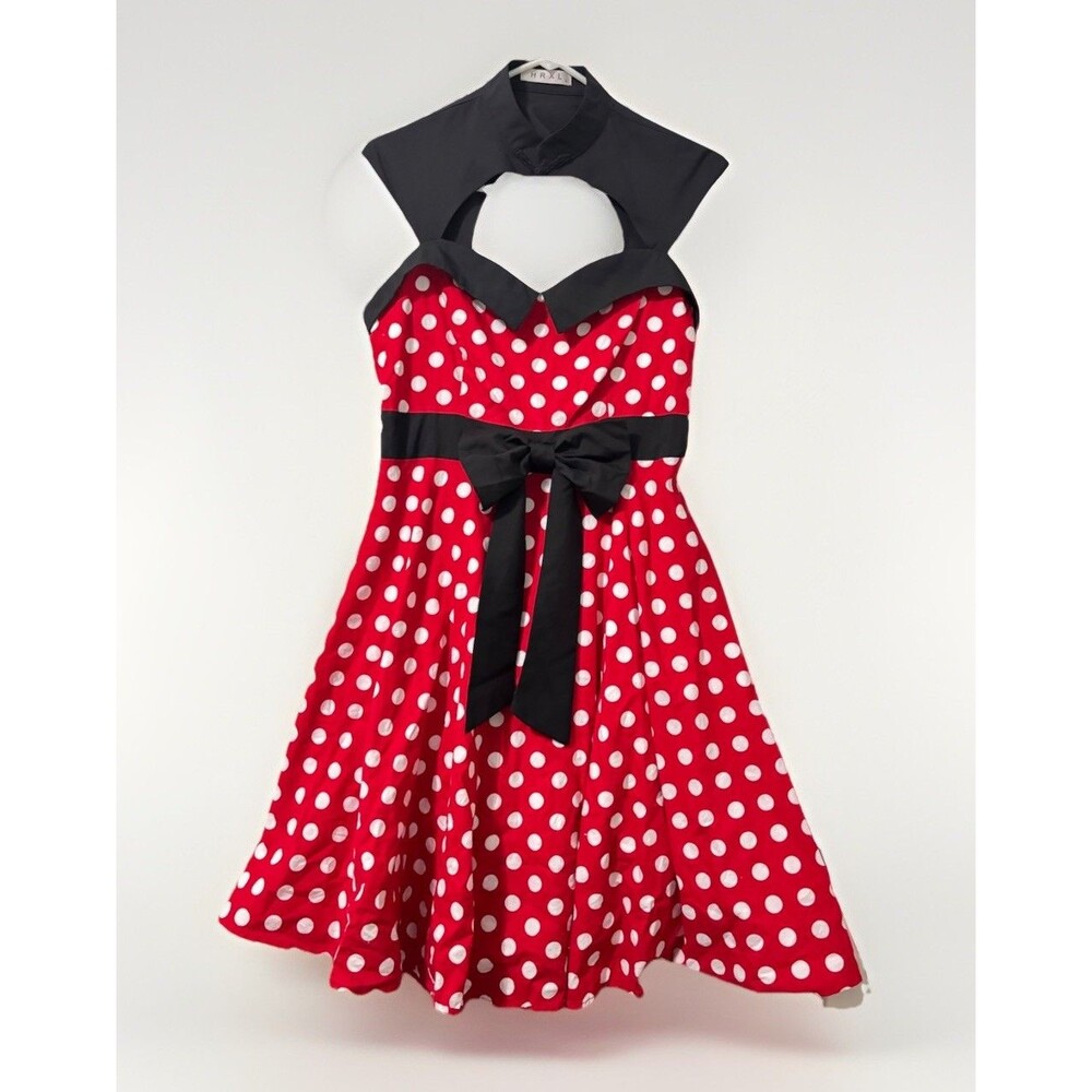 Red White Polka Dot Halter Dress Rockabilly 50s Retro Pinup Style Sz XL Bow